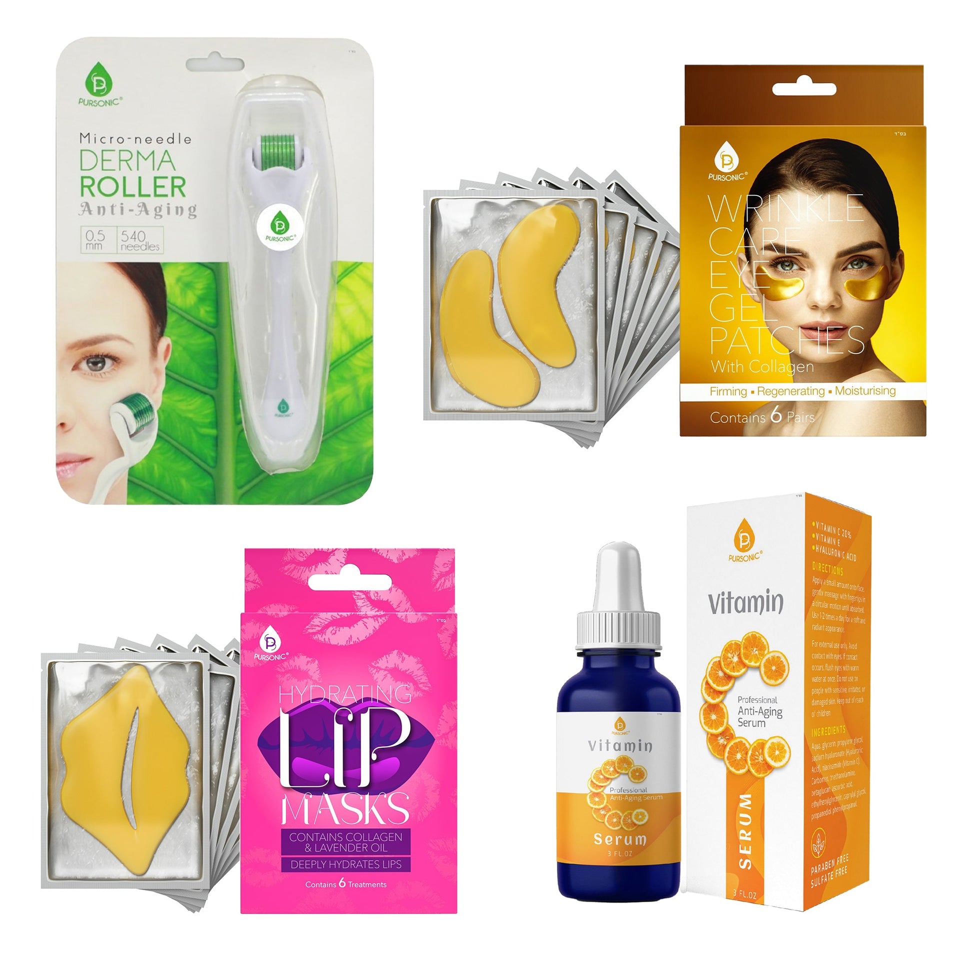 Collection of skincare products including a derma roller, face masks, and serum bottles on a white background.