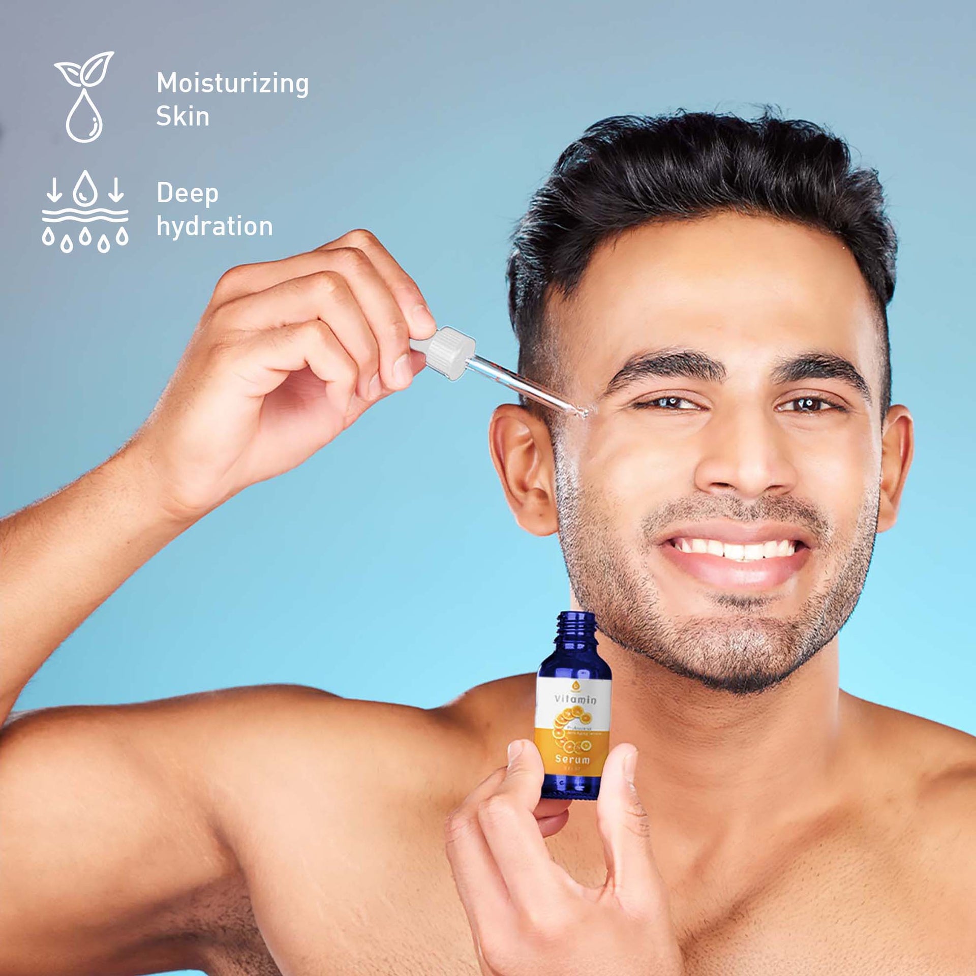 Man applying skincare product with dropper and bottle against a blue background