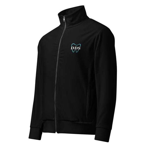 Black, zip up mock neck jacket with blue tooth shape and DS lettering embroidered in left upper chest area