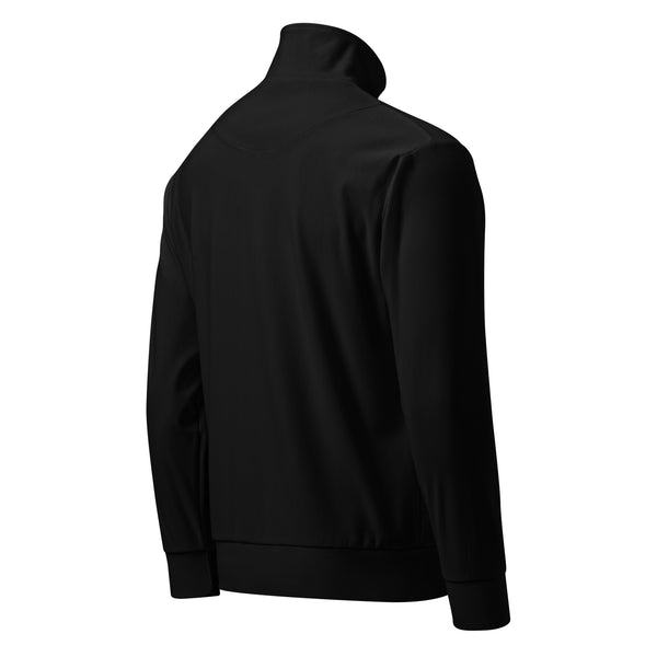 Black, zip up mock neck jacket with blue tooth shape and DS lettering embroidered in left upper chest area. Photo is of the back of the jacket