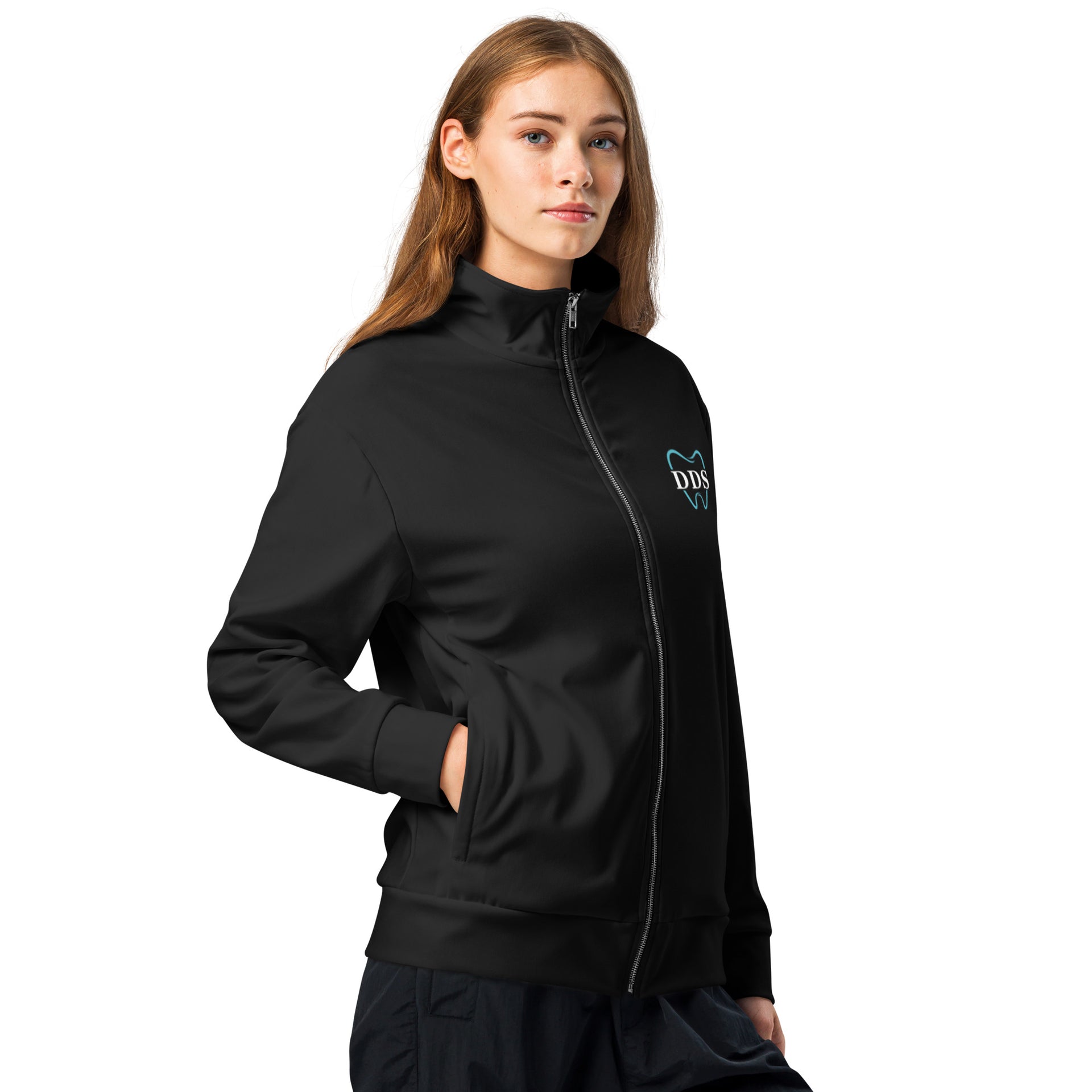 Black, zip up mock neck jacket with blue tooth shape and DS lettering embroidered in left upper chest area