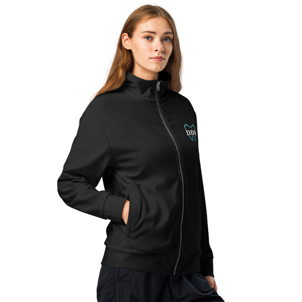 Black, zip up mock neck jacket with blue tooth shape and DS lettering embroidered in left upper chest area