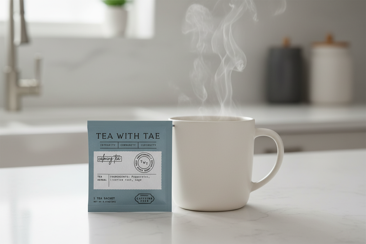 Calming herbal tea overwrap bag with individually wrapped tea bags, styled for healthcare worker self-care and mindful daily rituals