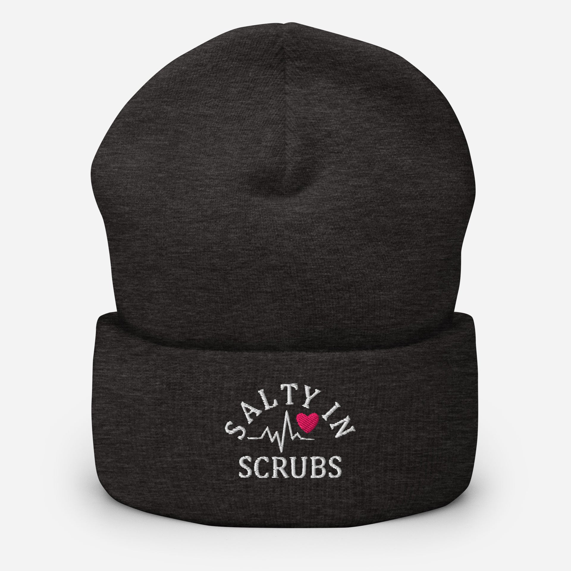 Product mockup of grey winter hat with salty in scrubs logo