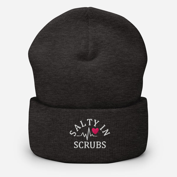 Product mockup of grey winter hat with salty in scrubs logo