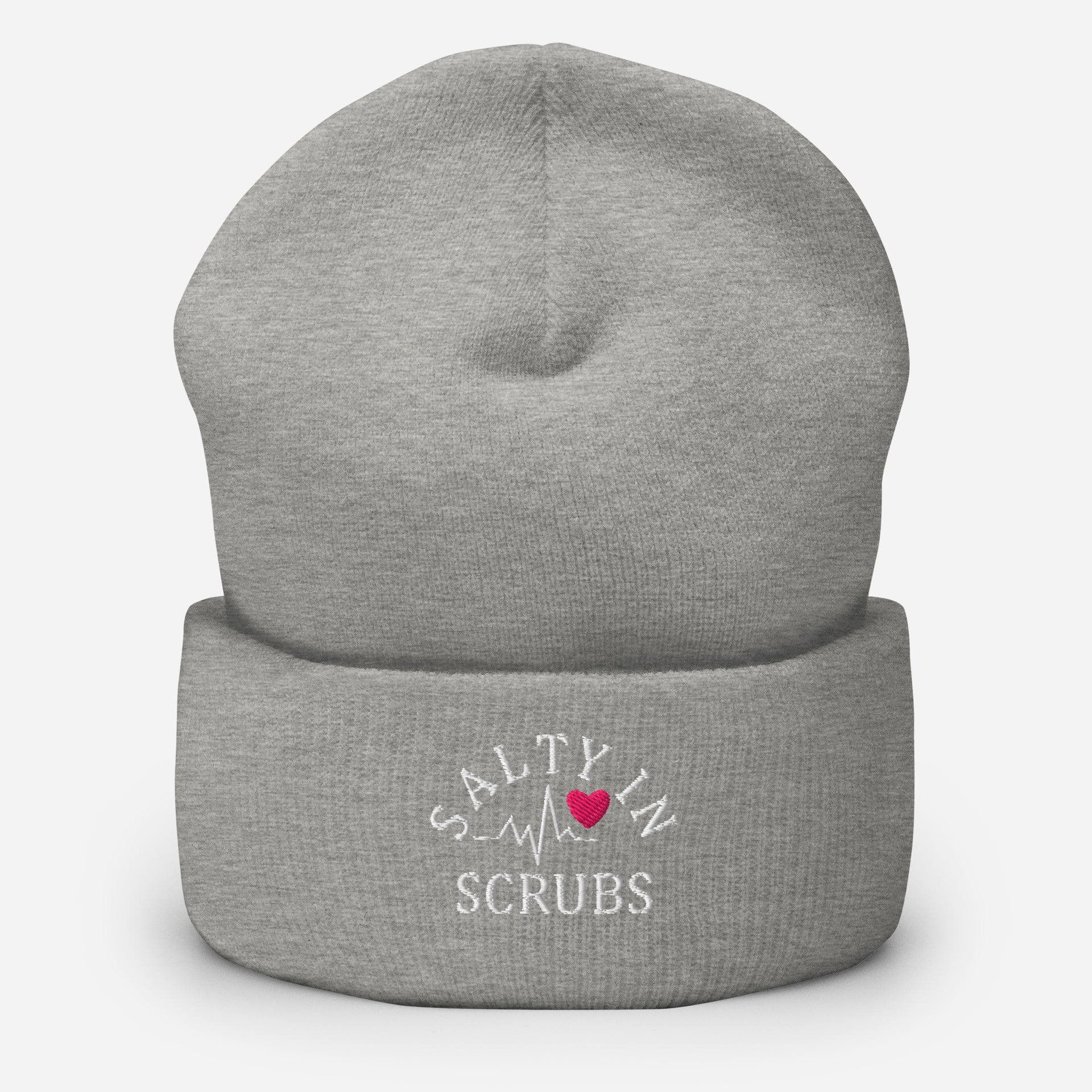 Product mockup of light grey winter hat with salty in scrubs logo