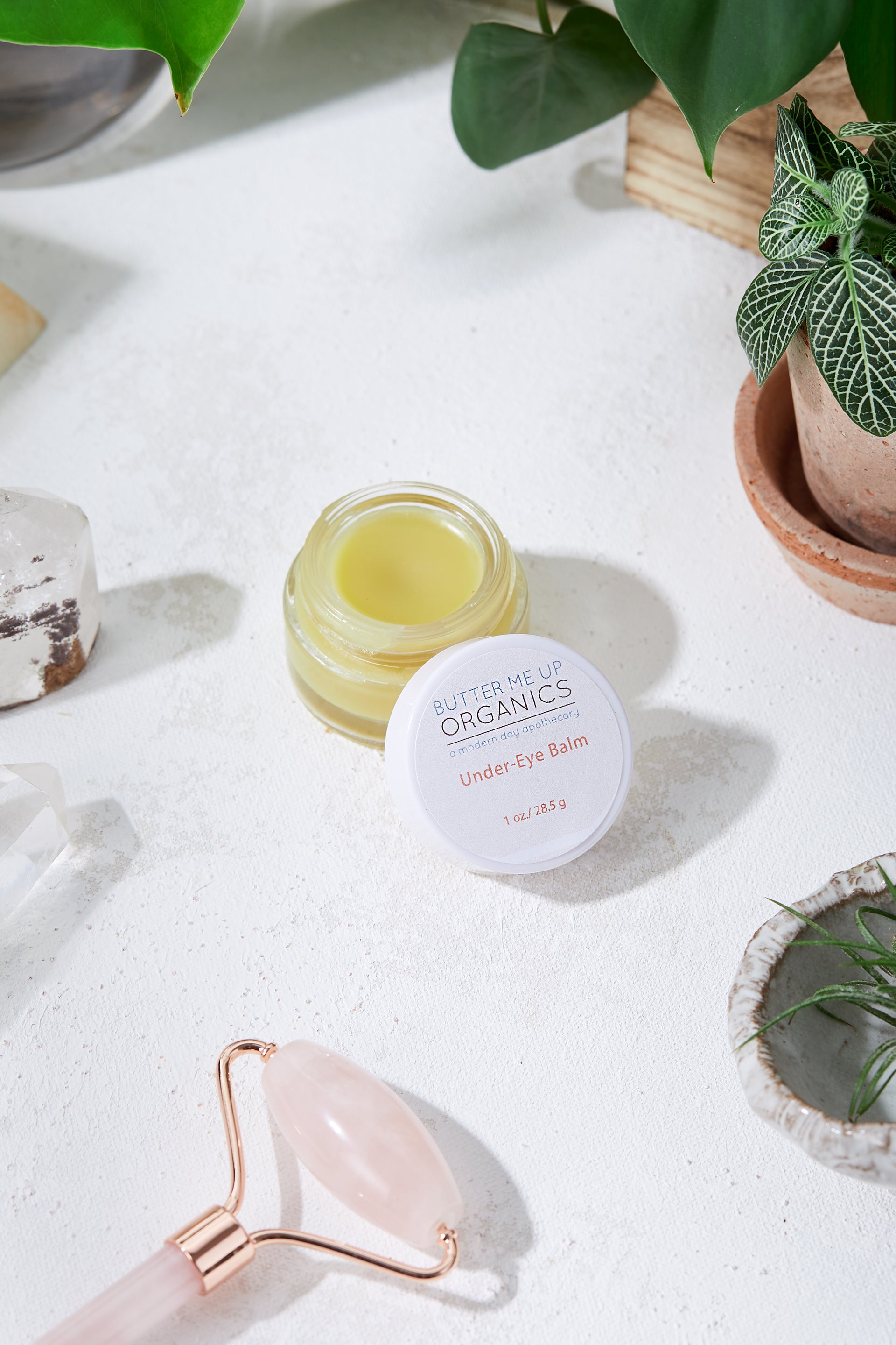 glass jar of eye cream with cover propped next to it. plants surrounding it