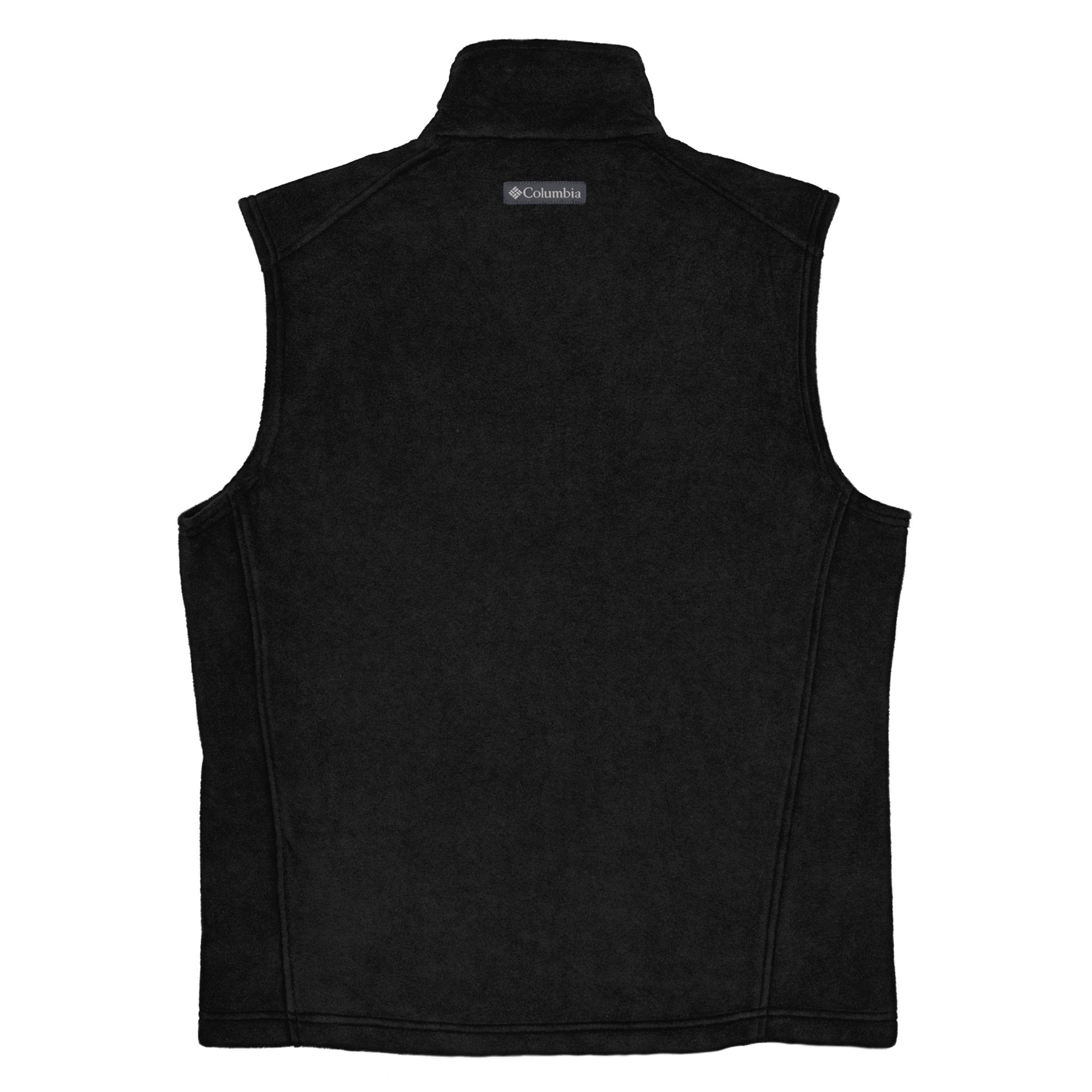 back of black fleece columbia vest with stethoscope and RT credentials mockup