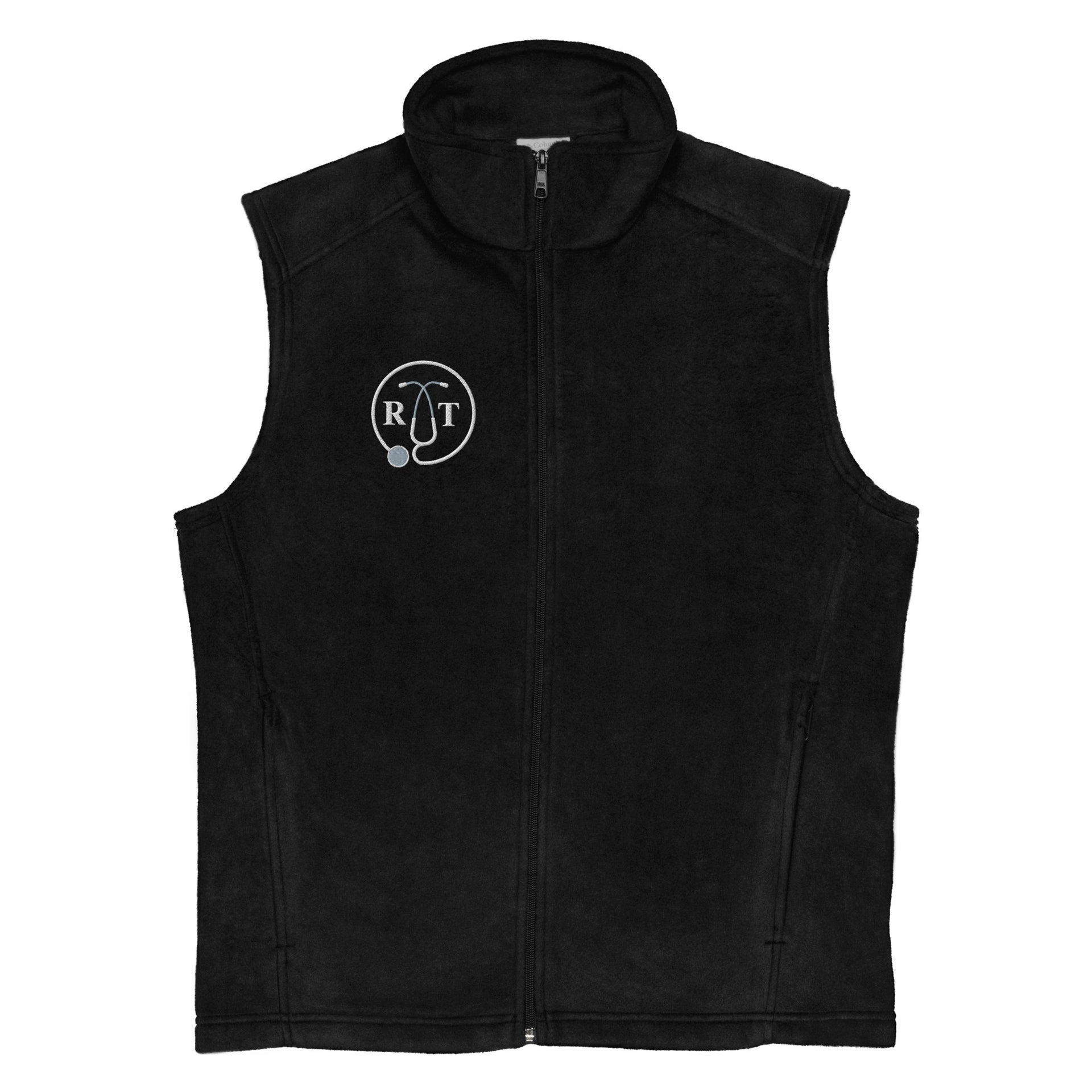 black fleece columbia vest with stethoscope and RT credentials