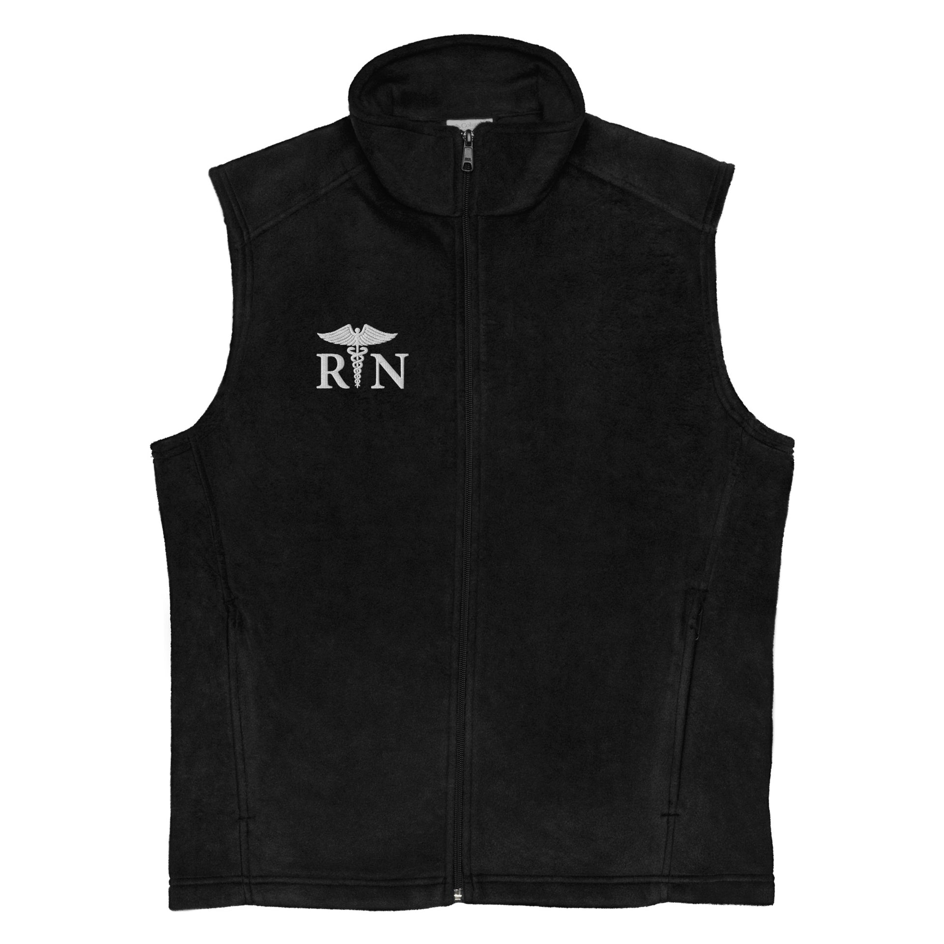 black fleece columbia vest with caduceus and RN credentials