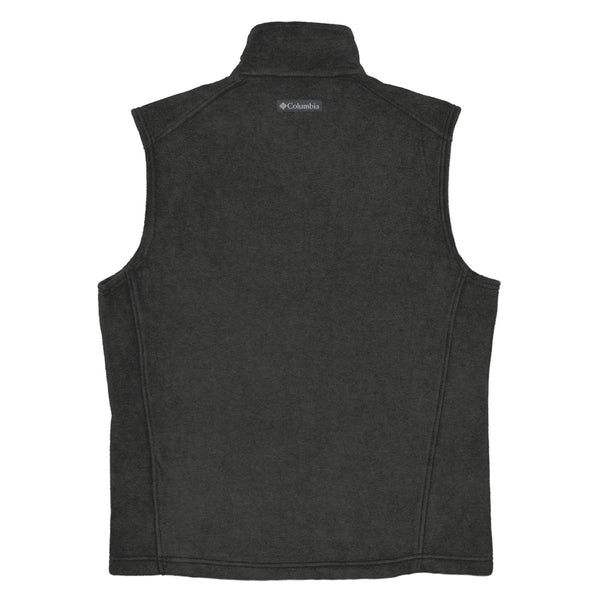 back of grey fleece columbia vest with caduceus and RN credentials