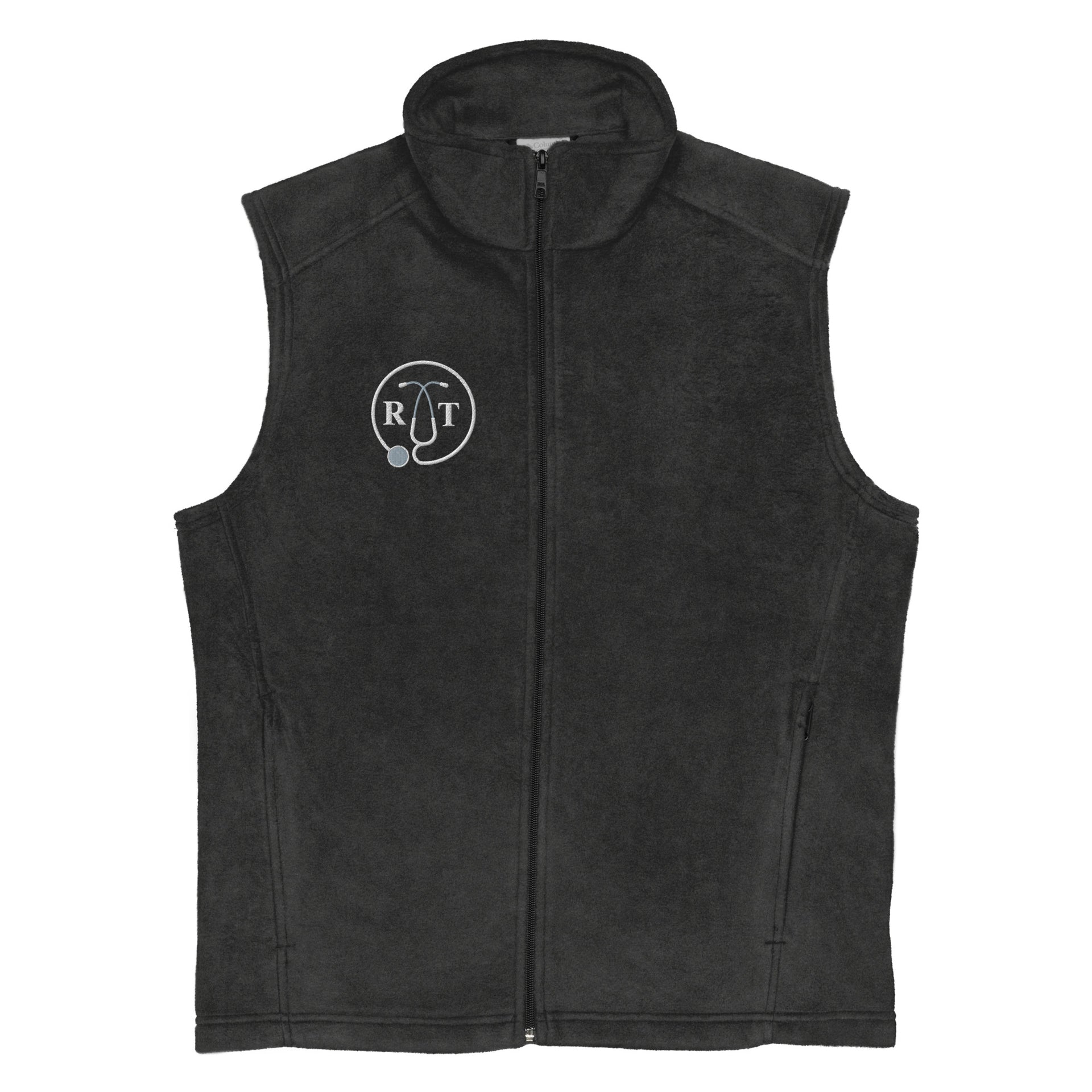grey fleece columbia vest with stethoscope and RT credentials