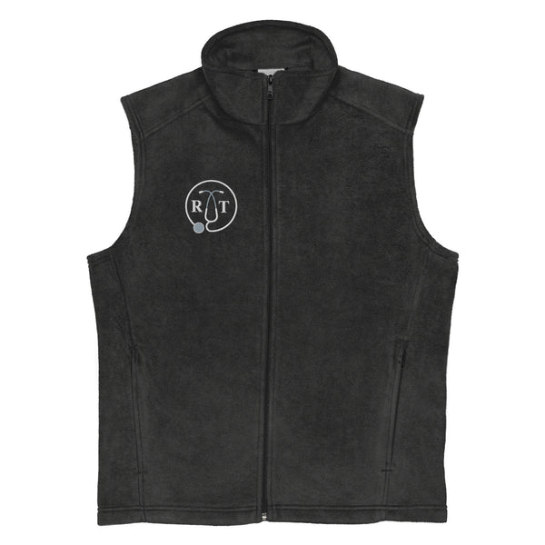 grey fleece columbia vest with stethoscope and RT credentials