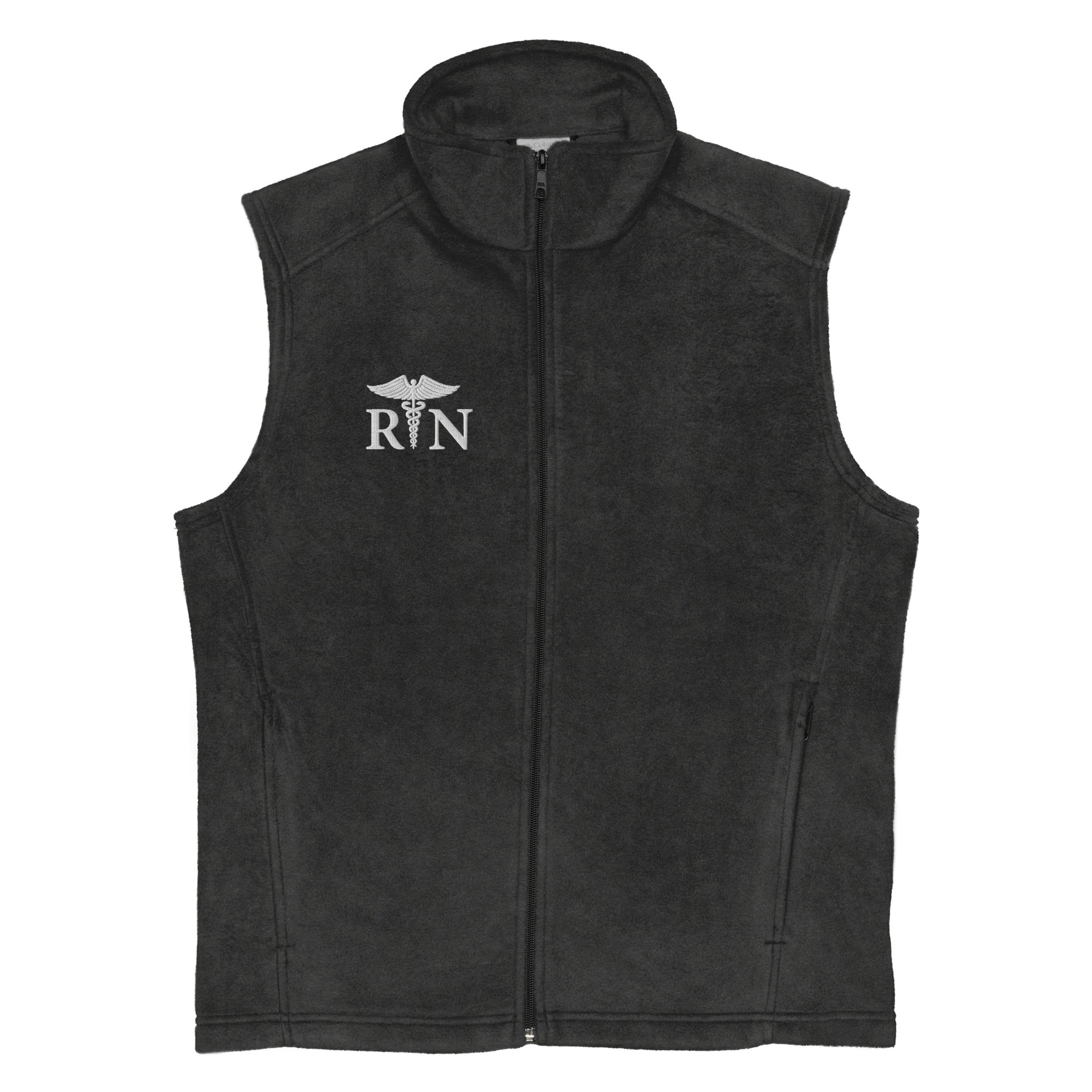 grey fleece columbia vest with caduceus and RN credentials