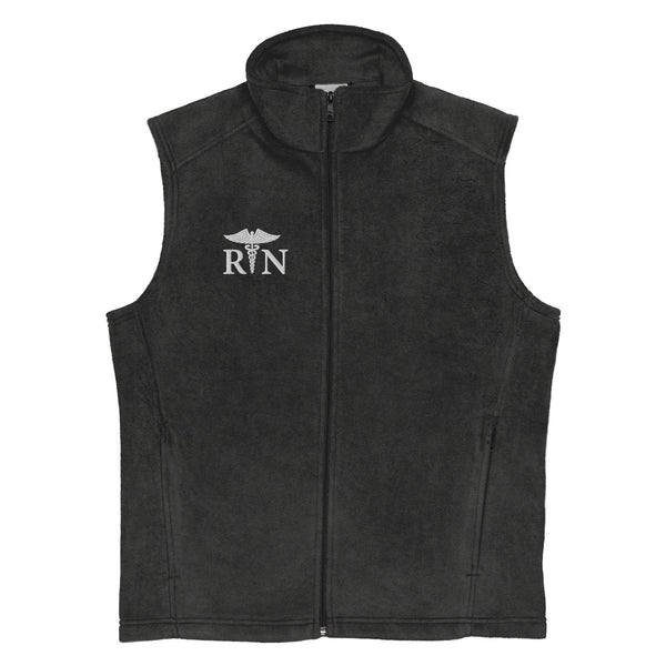 grey fleece columbia vest with caduceus and RN credentials