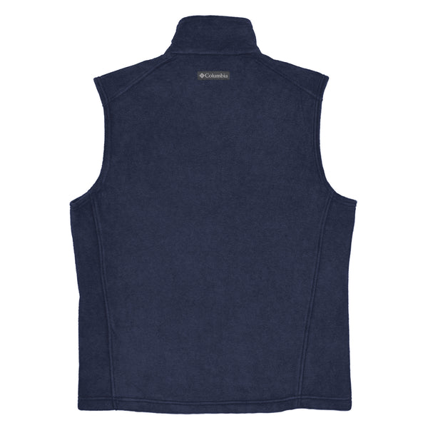 back of navy fleece columbia vest with stethoscope and RT credentials mockup