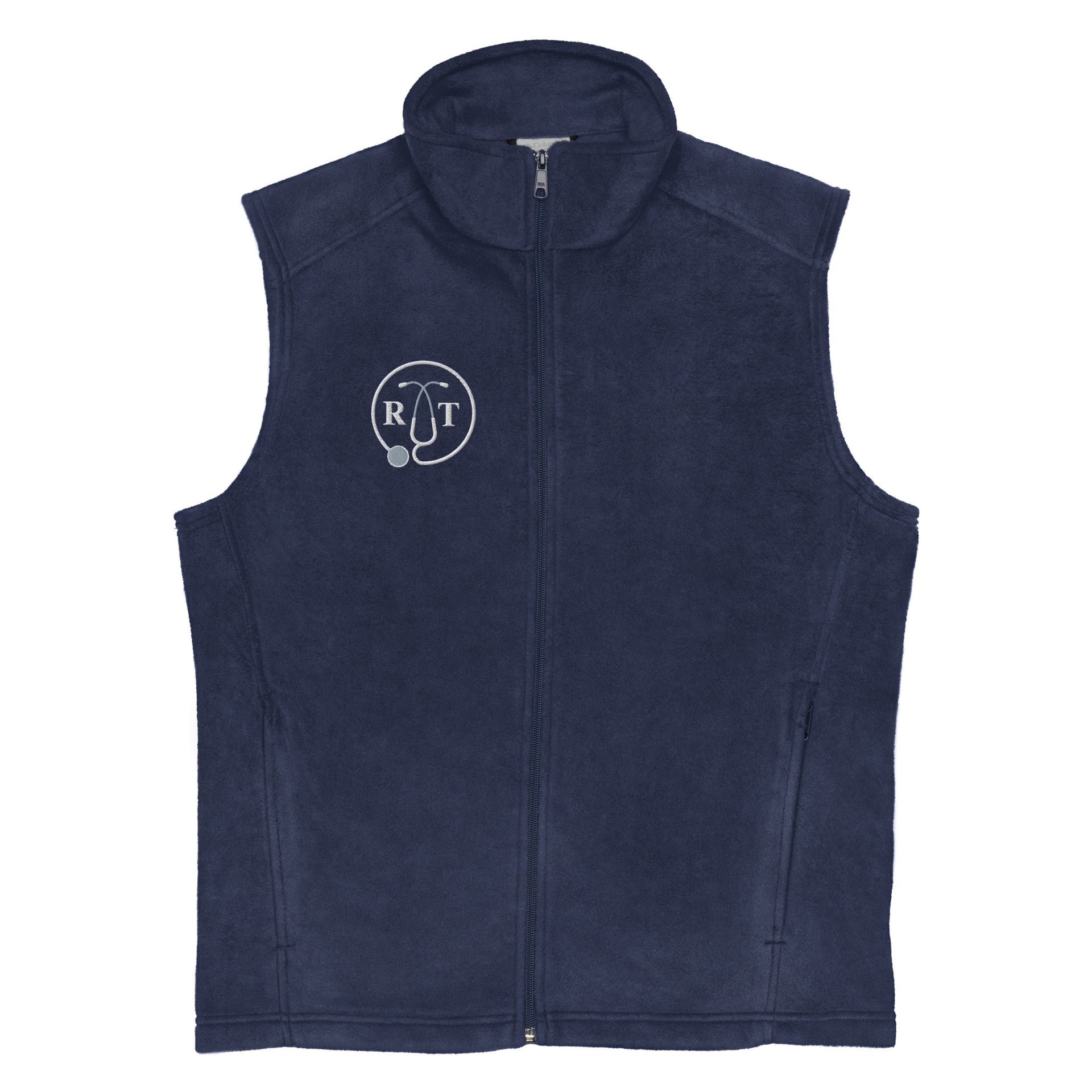 navy fleece columbia vest with stethoscope and RT credentials mockup