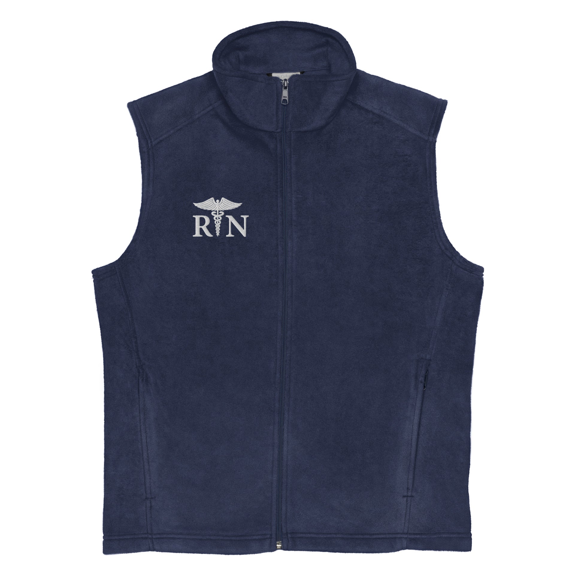 navy fleece columbia vest with caduceus and RN credentials