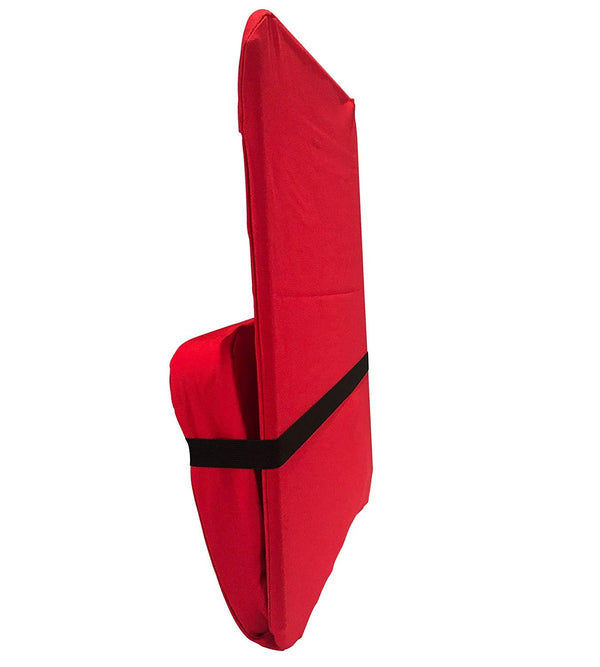 Red car seat cover with a black stripe on a white background