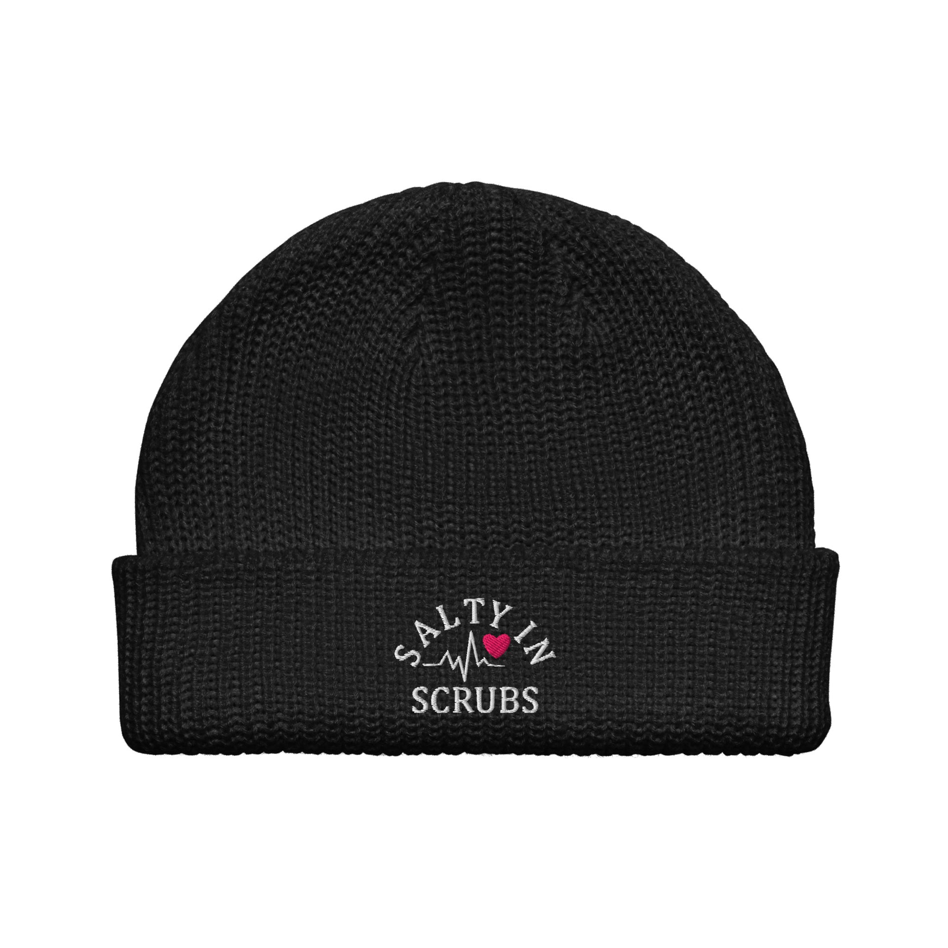 Product mockup of a black fisherman cap with salty in scrubs logo embroidered on the front