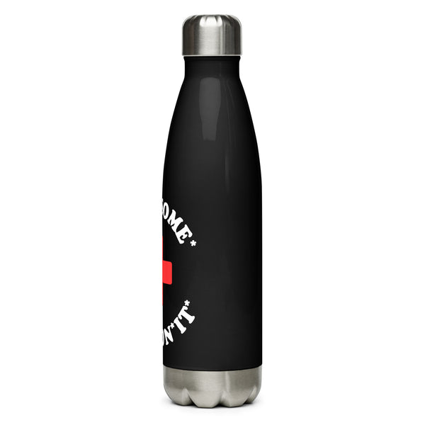 black rub some dirt on itwater bottle with a red cross on it