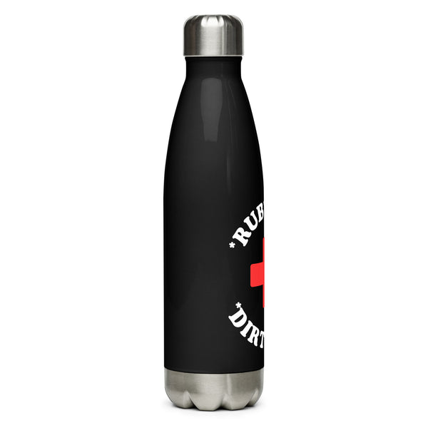black rub some dirt on itwater bottle with a red cross on it