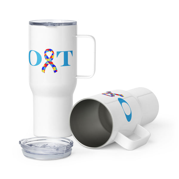 two white travel mugs with OT and an autism awareness ribbon in the middle of the letters