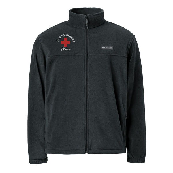 black full zip fleece jacket with red cross and white words 