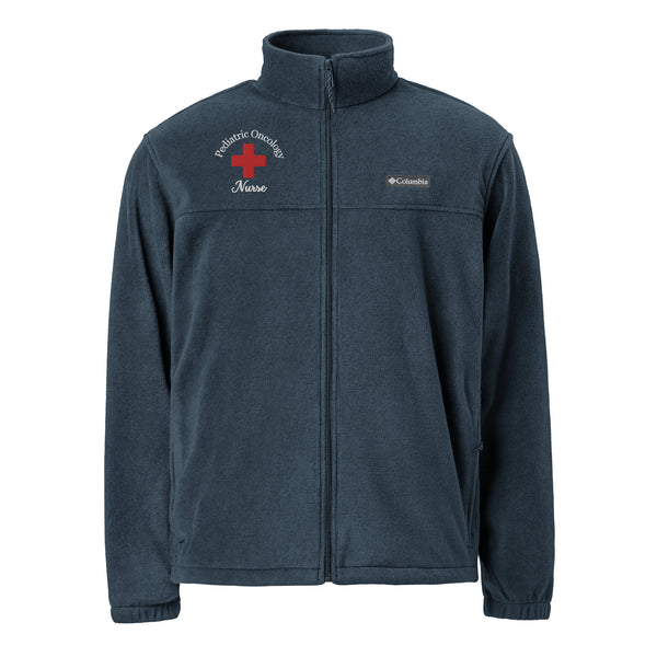 navy full zip fleece jacket with red cross and white words 