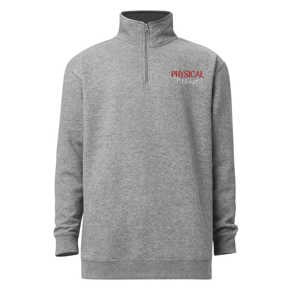 grey quarter zip sweatshirt with physical therapist embroidered on left chest