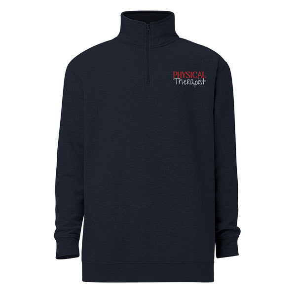 navy quarter zip sweatshirt with physical therapist embroidered on left chest