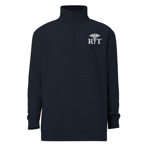 navy blue quarter zip sweatshirt with a caduceus and RT credentials on the left upper chest