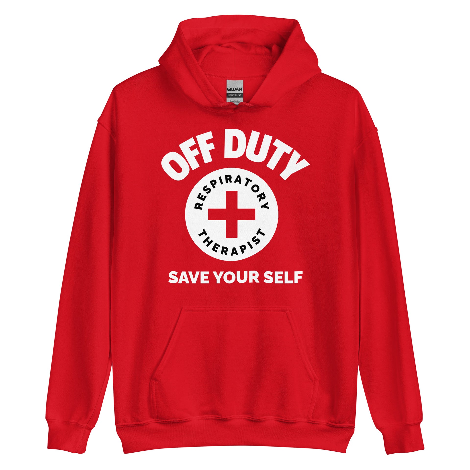 Product mockup red off duty respiratory therapist save your self hoodie