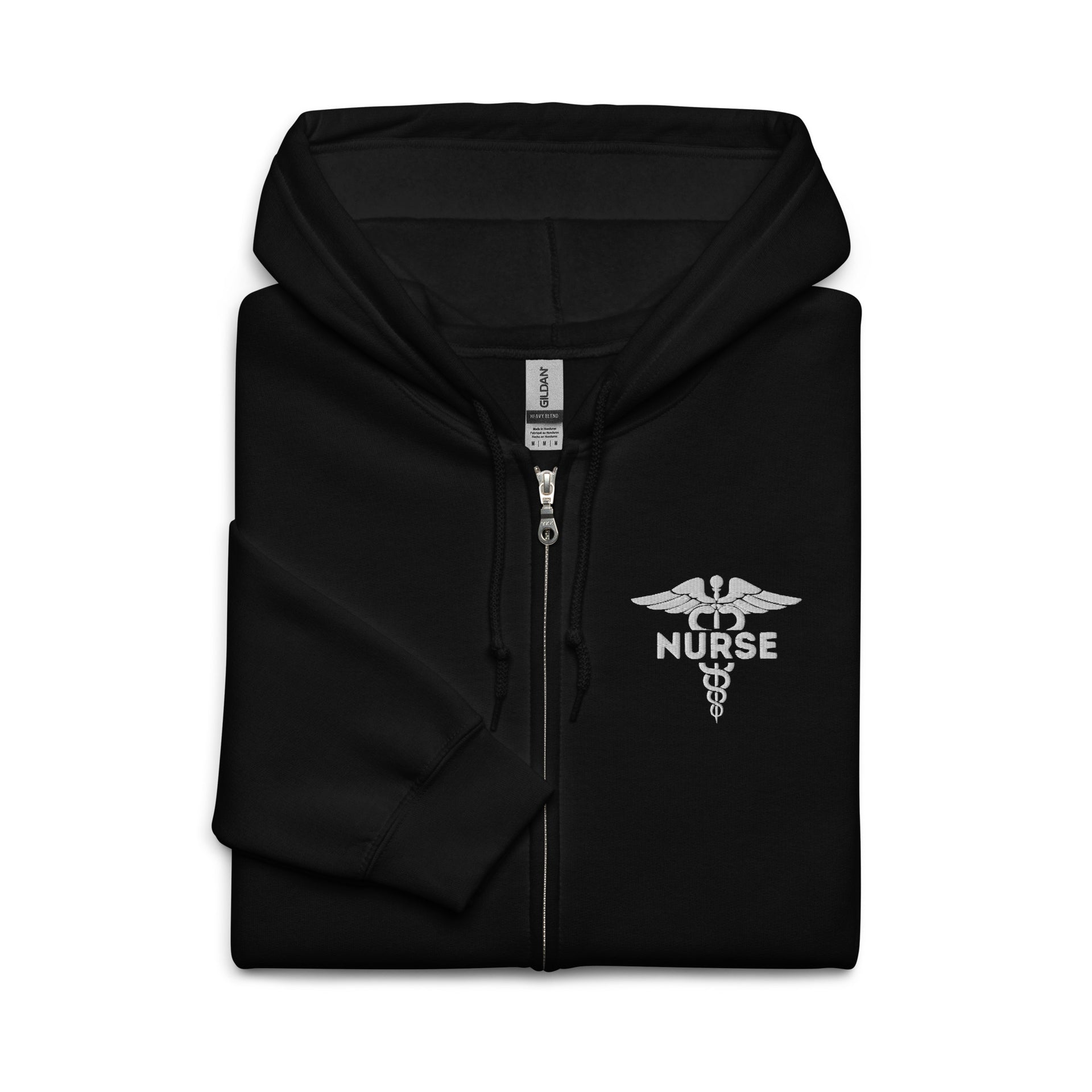 black, zip-up hoodie with a white caduceus with he word nurse embroidered on the left upper chest