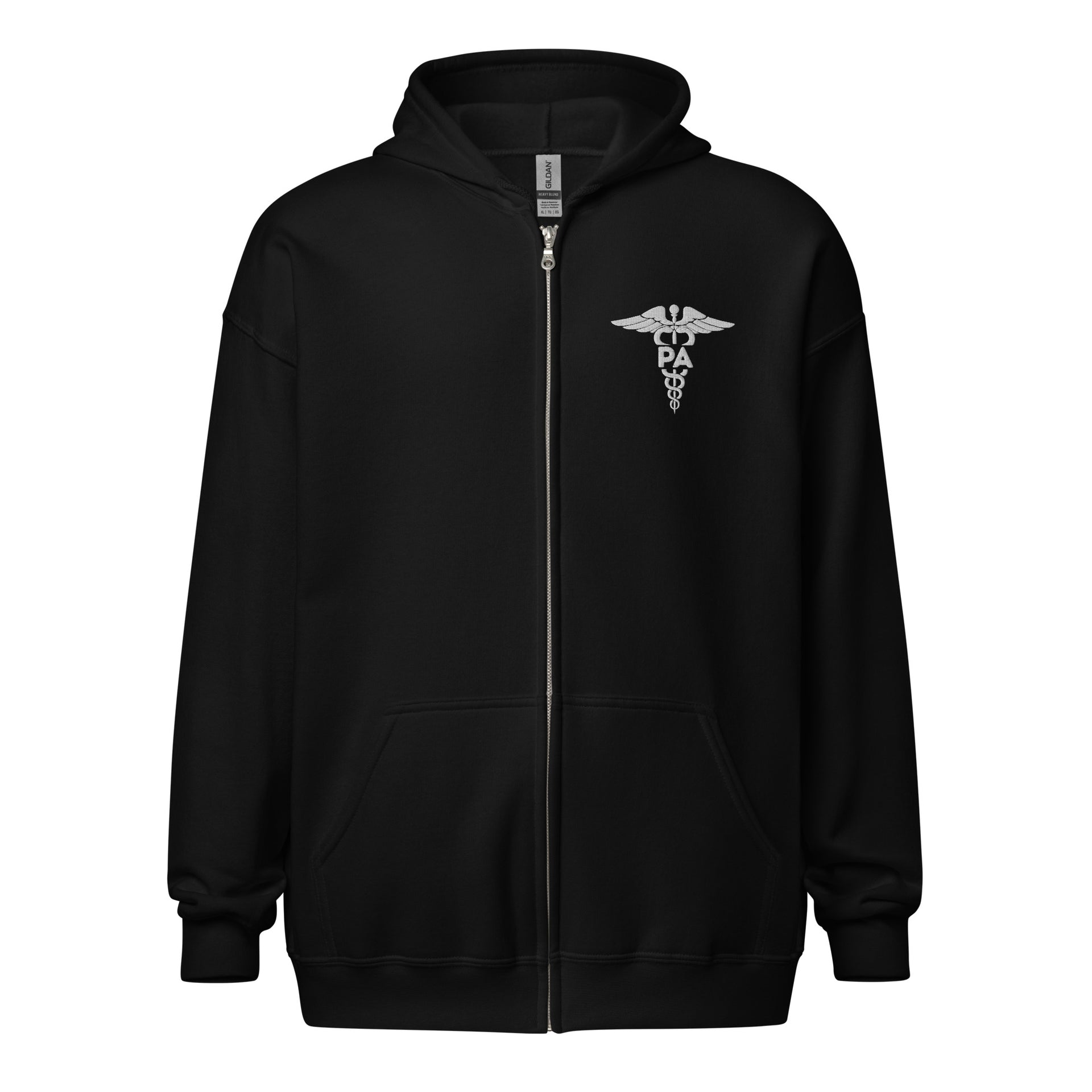 black zip up hooded sweatshirt with caduceus symbol and PA letters embroidered in  the left upper chest