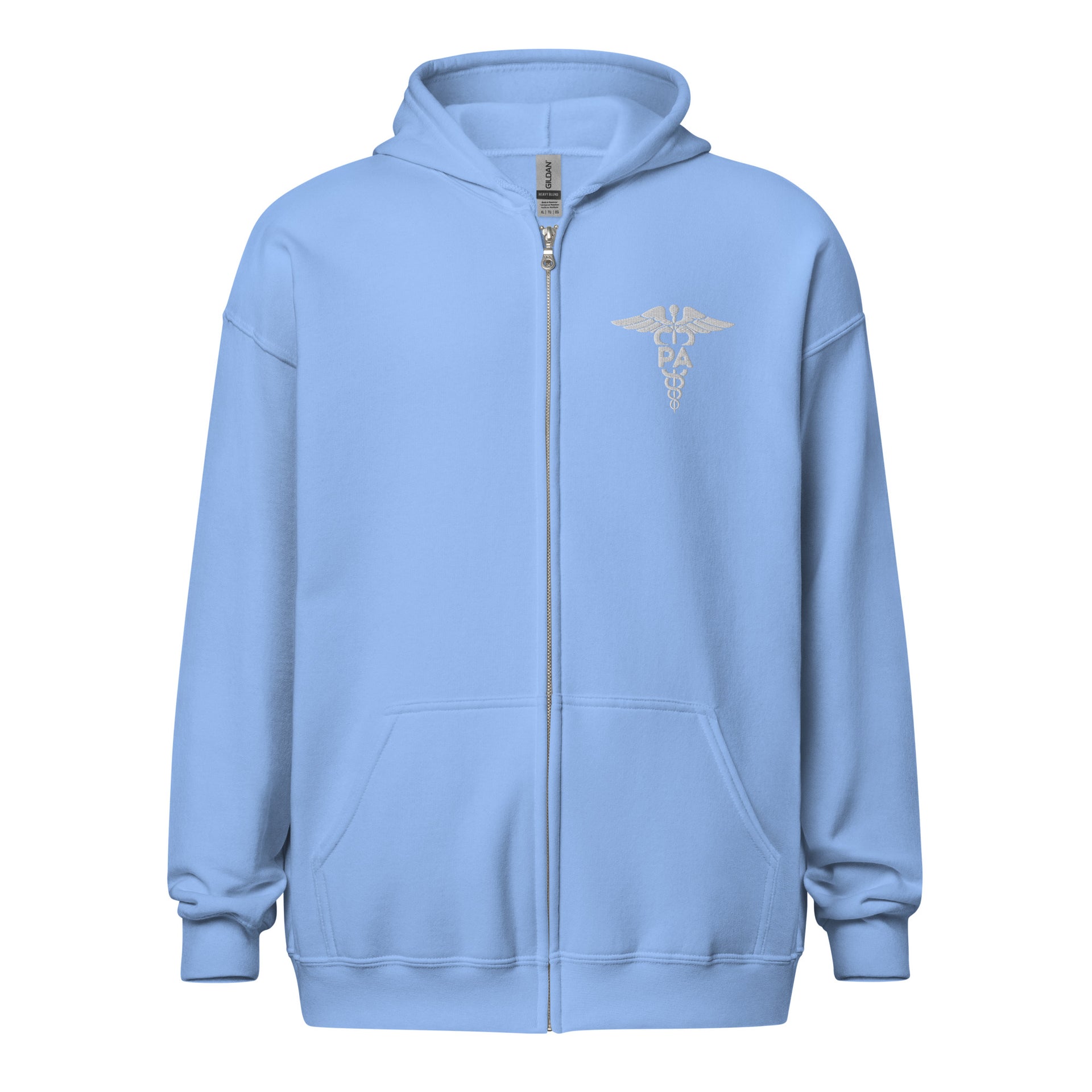 light blue zip up hooded sweatshirt with caduceus symbol and PA letters embroidered in  the left upper chest