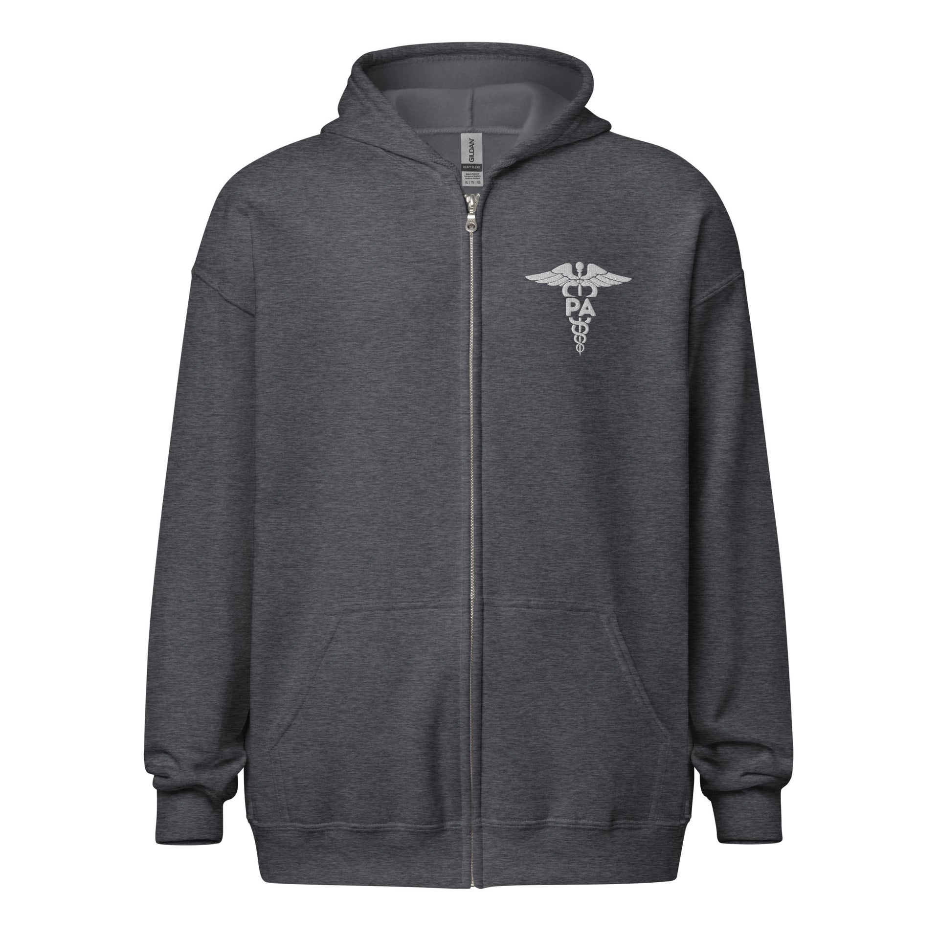 grey zip up hooded sweatshirt with caduceus symbol and PA letters embroidered in  the left upper chest