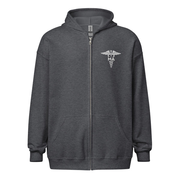 Dark heather grey zip-up hoodie with caduceus and MA for medical assistant embroidered on left chest