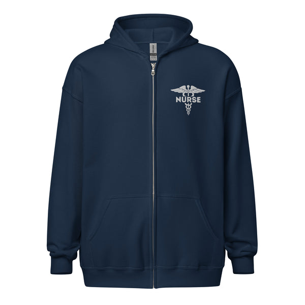 navy blue, zip-up hoodie with a white caduceus with he word nurse embroidered on the left upper chest