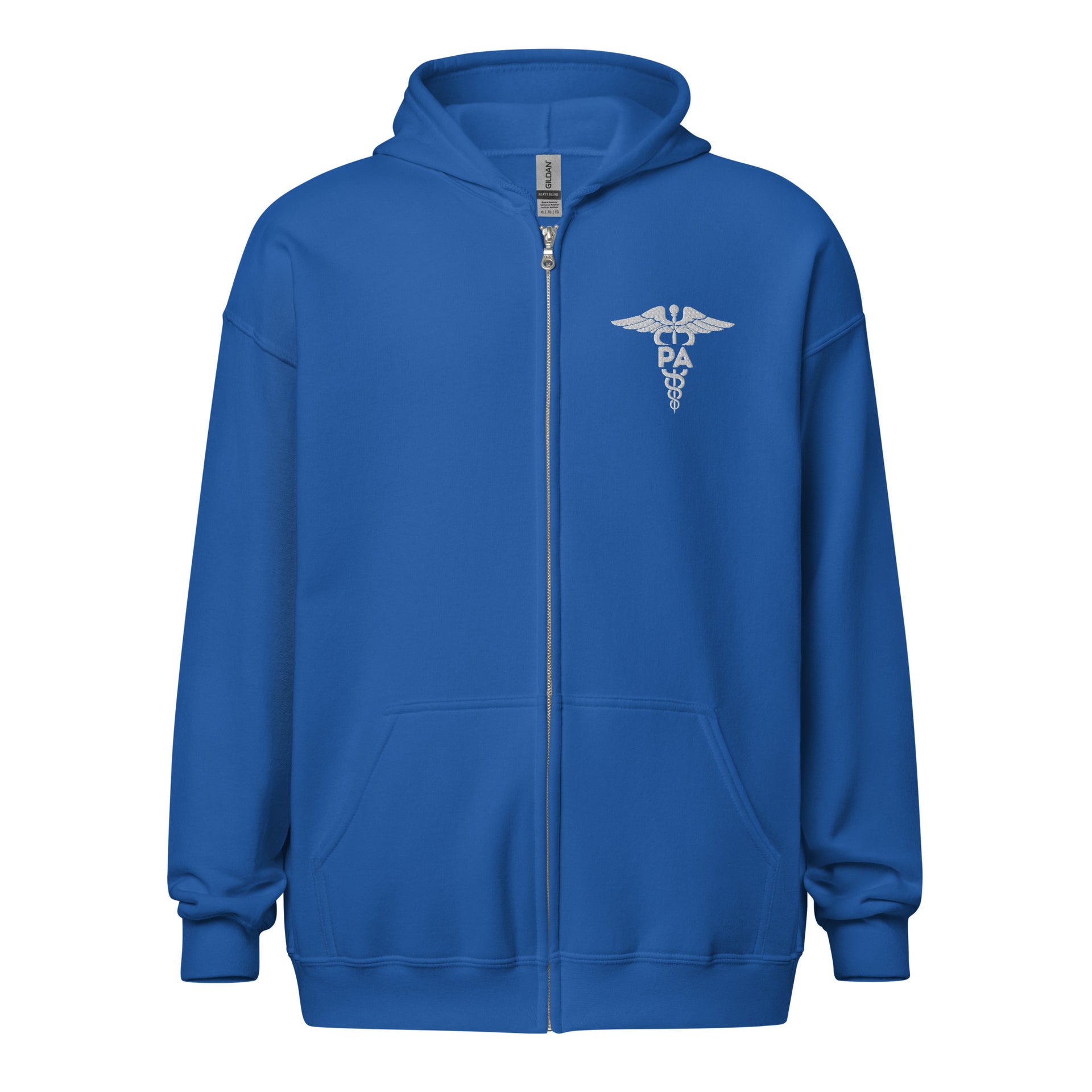 royal blue zip up hooded sweatshirt with caduceus symbol and PA letters embroidered in  the left upper chest