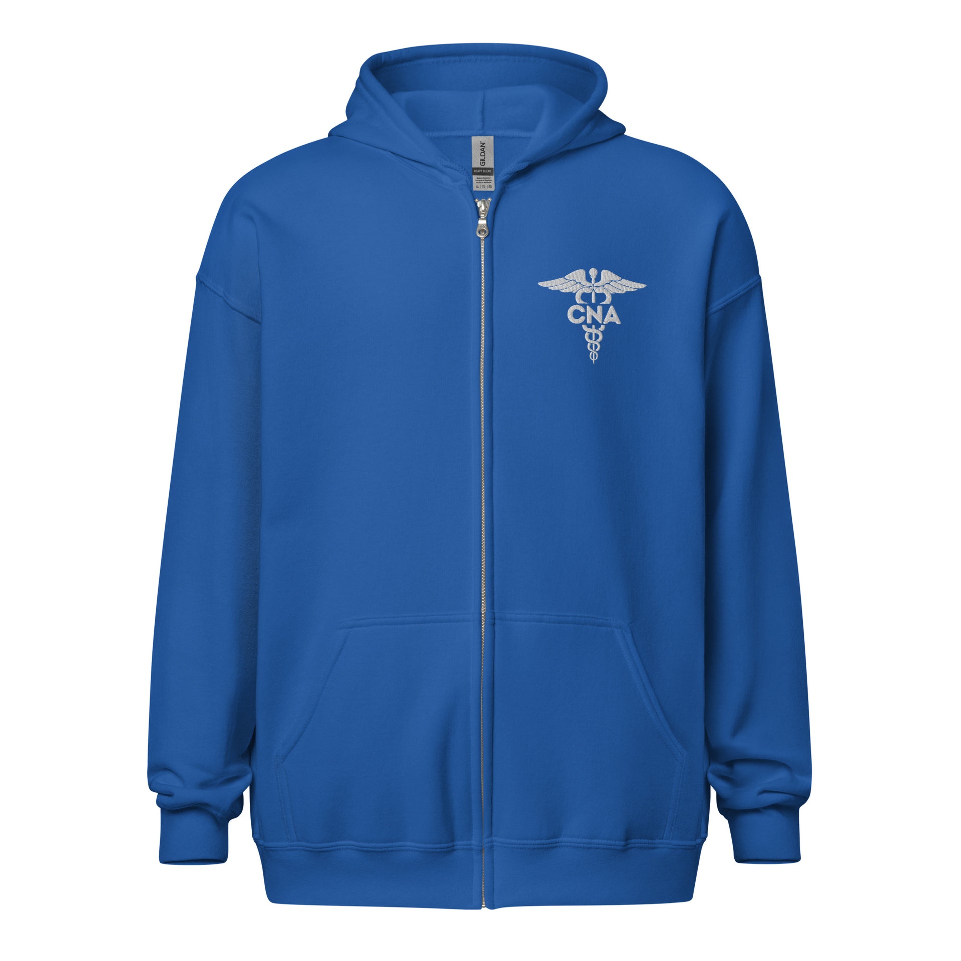 royal blue hooded zip-up sweatshirt with a caduceus and the letters embroidered on the left chest