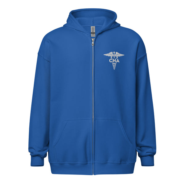 royal blue hooded zip-up sweatshirt with a caduceus and the letters embroidered on the left chest