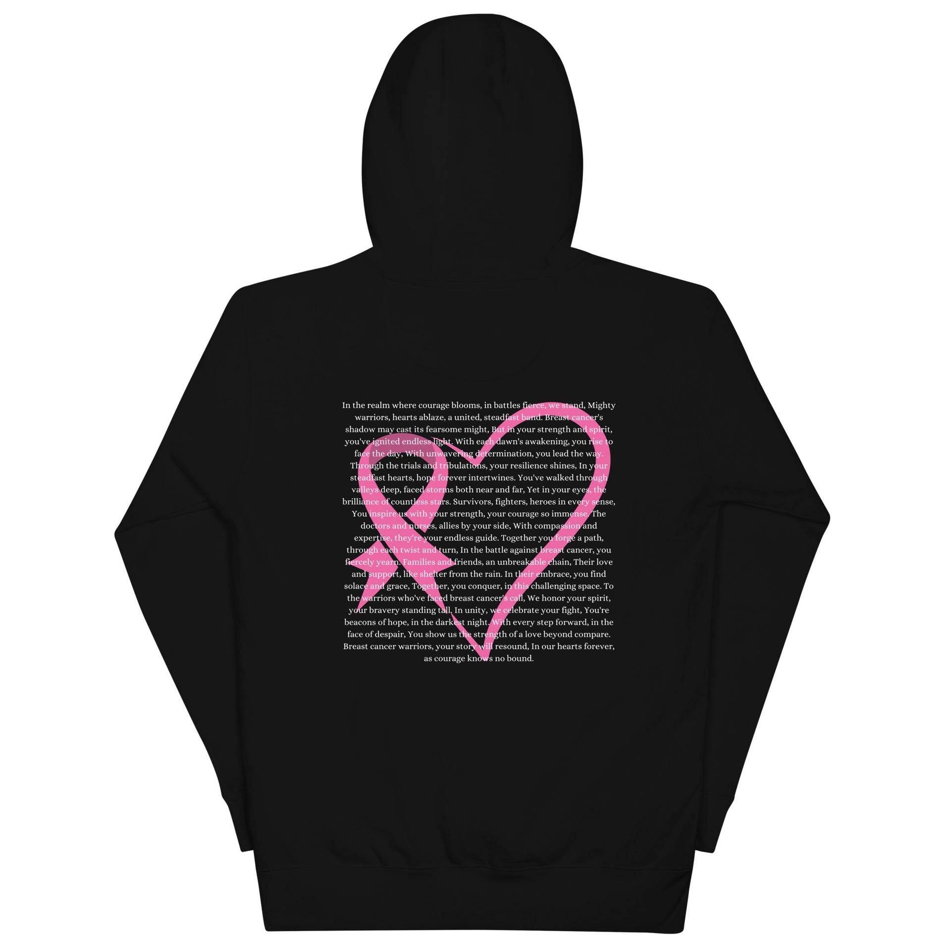black sweatshirt, pink heart with breast cancer awareness ribbon and poem