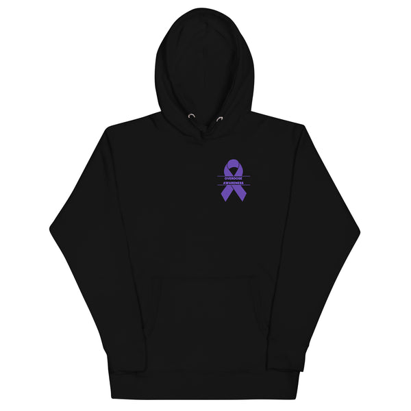 black hooded sweatshirt with a purple awareness ribbon and the words overdose awareness written on the left upper chest.