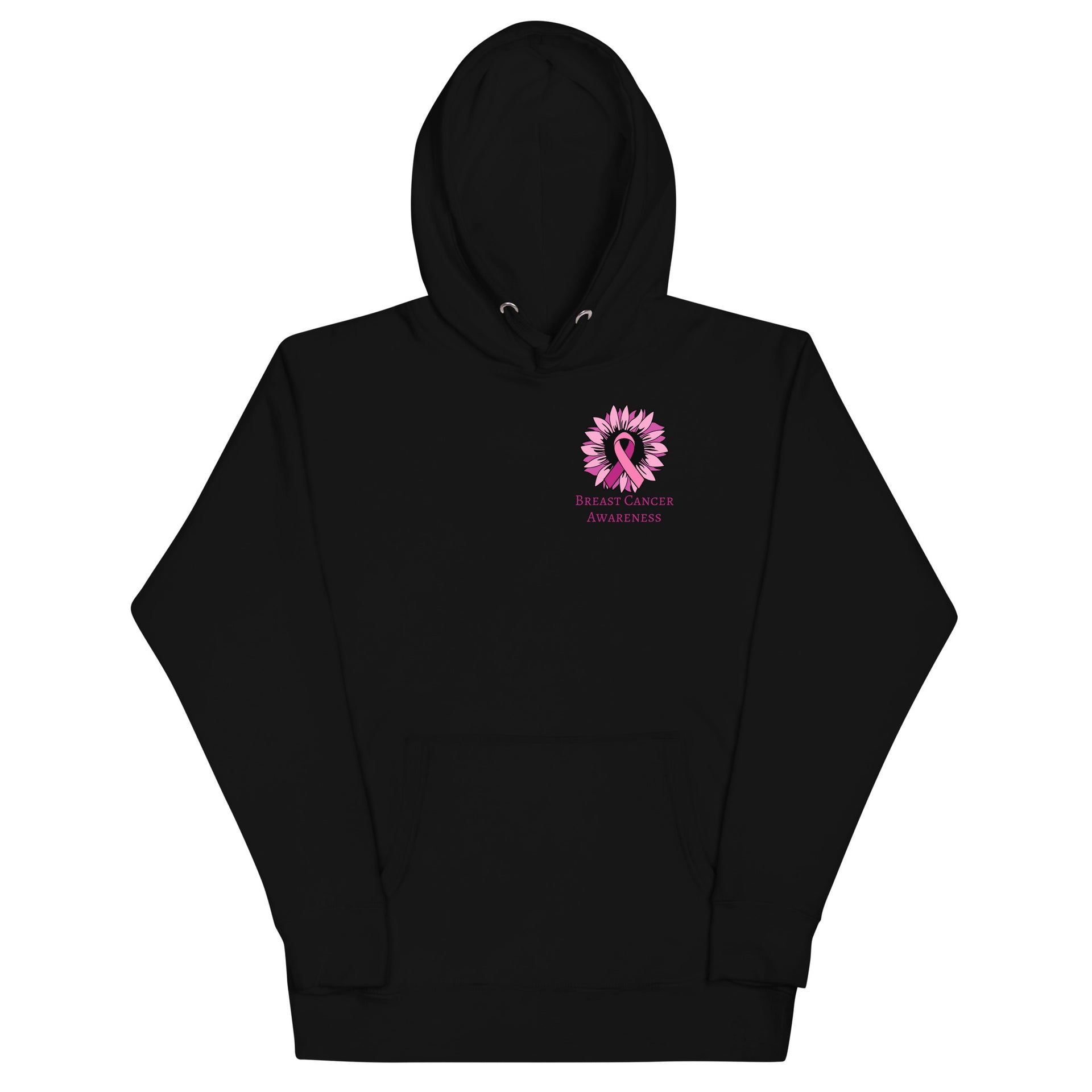 black sweatshirt, pink flower with breast cancer awareness ribbon and wording