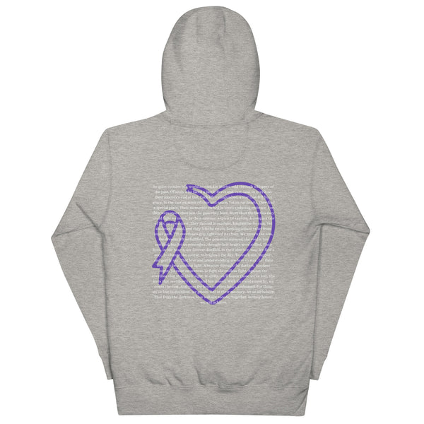 back side of light grey hooded sweatshirt with a purple awareness ribbon and the words overdose awareness written on the left upper chest. Has a large purple heart and ribbon with an ode to overdose awareness