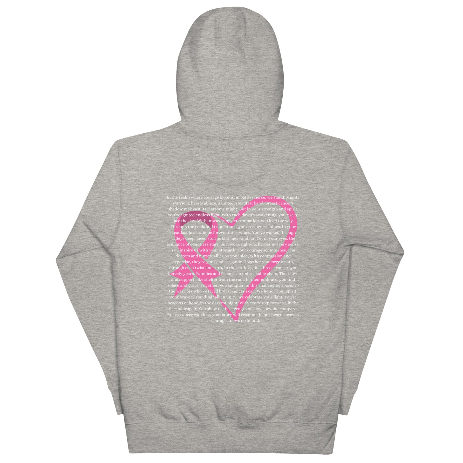 grey sweatshirt, pink heart with breast cancer awareness ribbon and poem