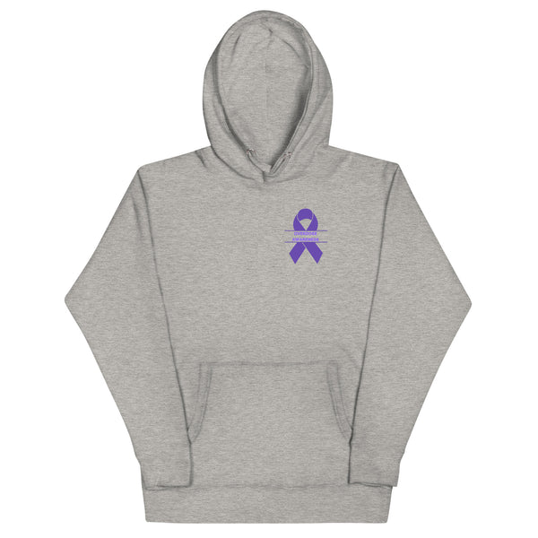 light grey hooded sweatshirt with a purple awareness ribbon and the words overdose awareness written on the left upper chest.