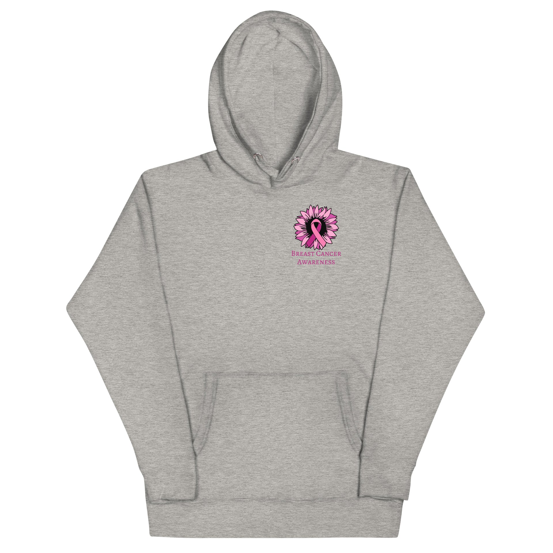 light grey sweatshirt, pink flower with breast cancer awareness ribbon and wording