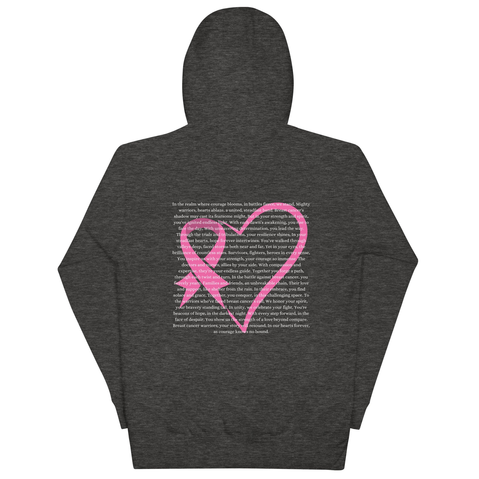 grey sweatshirt, pink heart with breast cancer awareness ribbon and poem